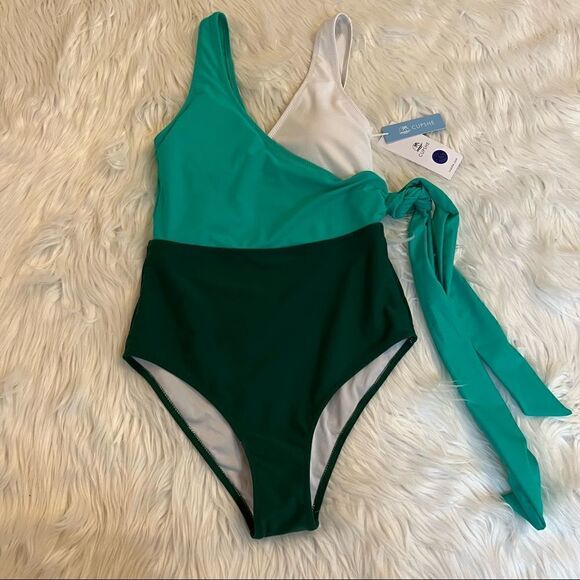NWT Cupshe Green White Color Block Tie Waist One Piece Swimsuit Size XS - Picture 1 of 5